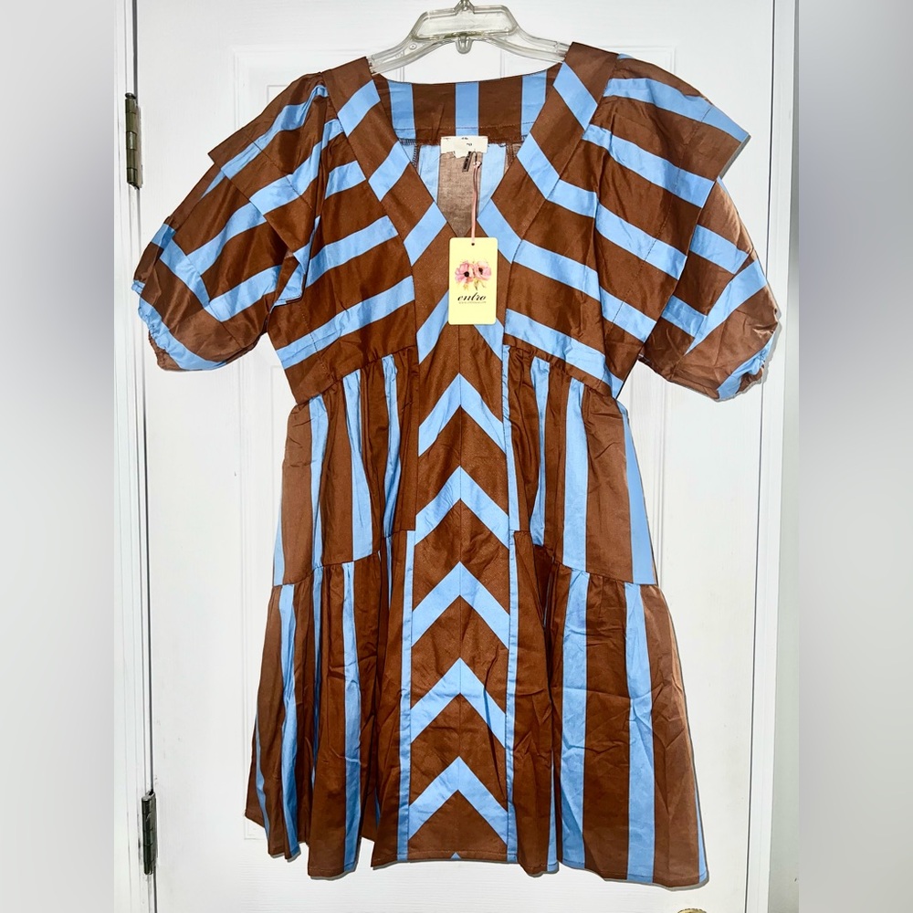 NWTs Entro Blue & Brown Chevron V-Neck Tiered Dress - Picture 8 of 9